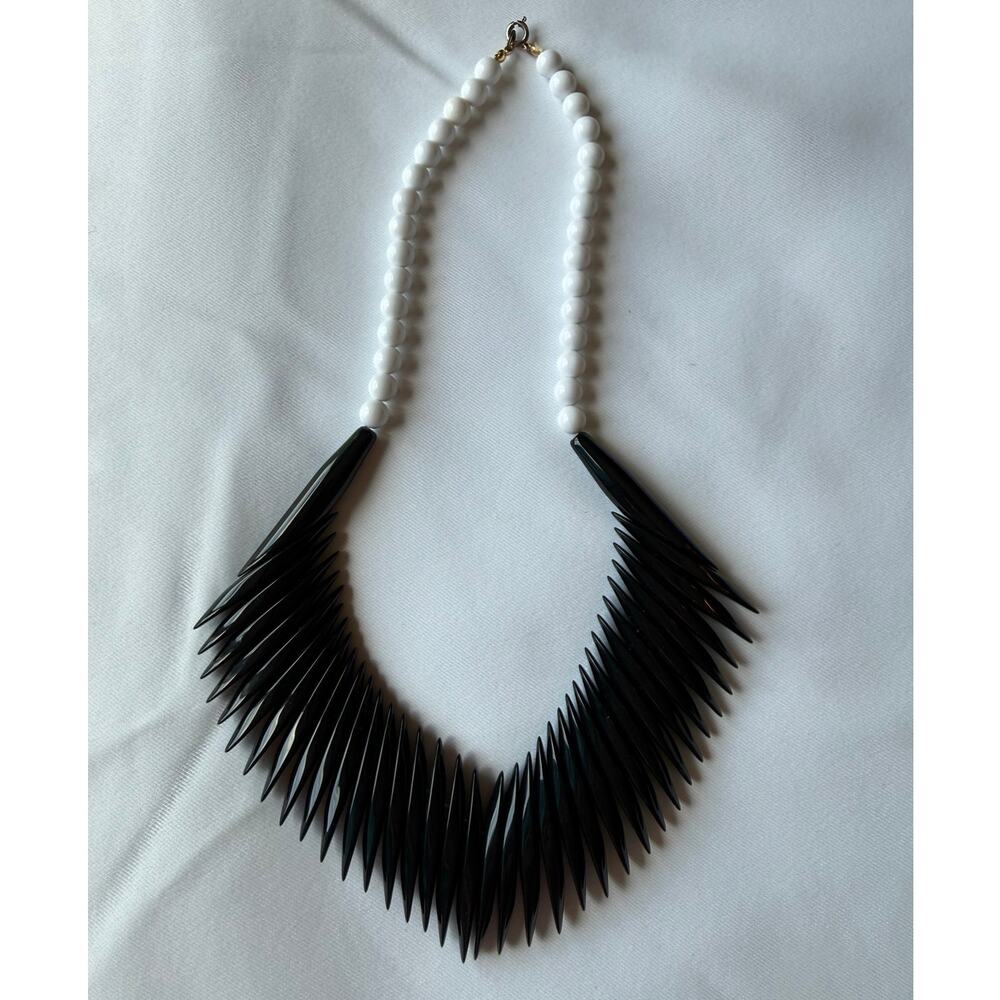 Vintage Black & White Statement Necklace Retro Mod Geometric Fringe